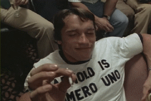 Arnold puffing on a joint, smoking weed